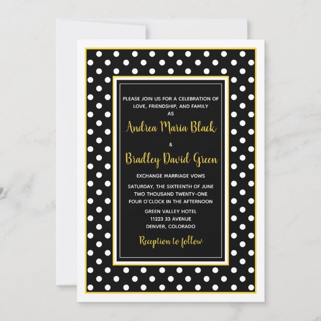 Black Yellow White Polka Dot Wedding Einladung (Vorderseite)
