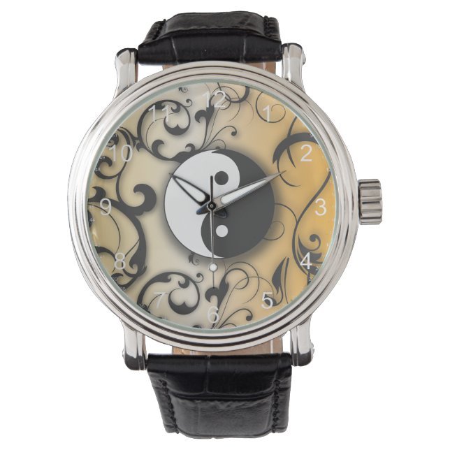 Black Yin & Yang auf Bronze-Hintergrund Armbanduhr (Vorderseite)