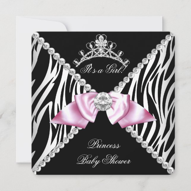 Black Zebra Pink Bow Princess Baby Dusche Einladung (Vorderseite)