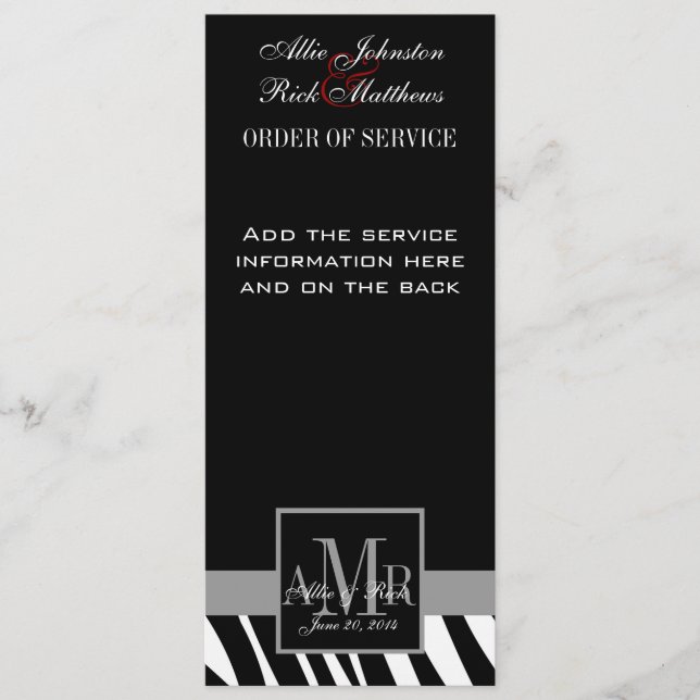 Black Zebra Print Monogram Wedding Program Programm (Vorderseite)