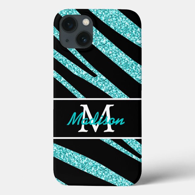 BLACK ZEBRA STREIFEN NAME AQUAMARINER GLITZER Case-Mate iPhone HÜLLE (Rückseite)