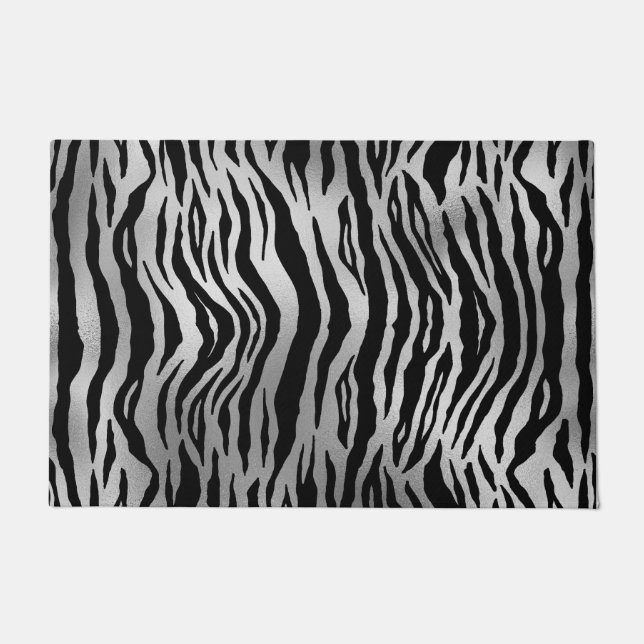 Black Zebra Stripes Animal Print Silver Luxus Fußmatte (Vorderseite)