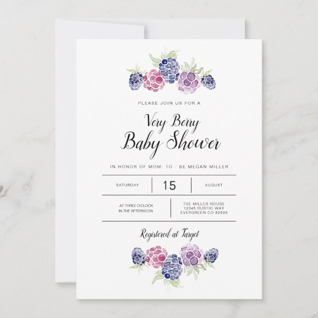 BlackBerry Baby Shower | Aquarellberries Einladung (Vorderseite)