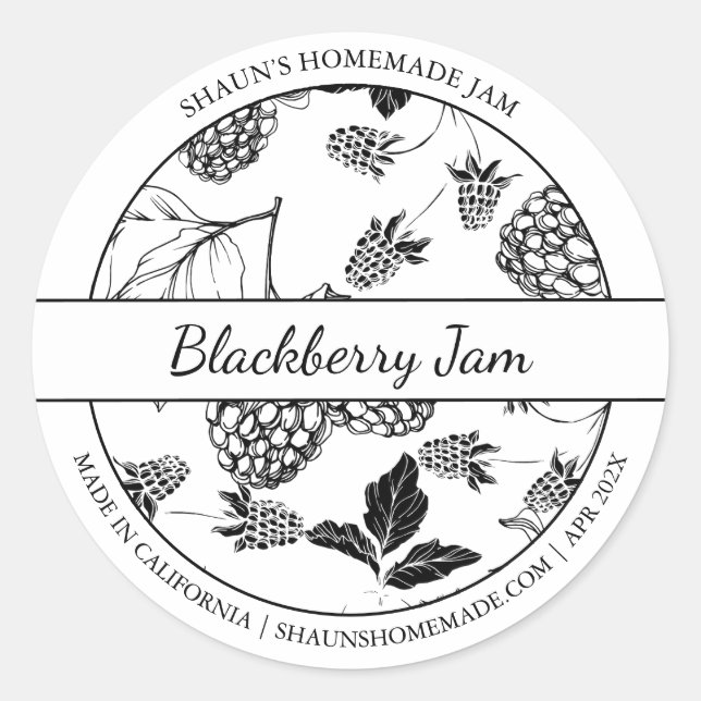 BlackBerry-Jam-Label für Schwarz-Weiß-Sketch Runder Aufkleber (Vorderseite)