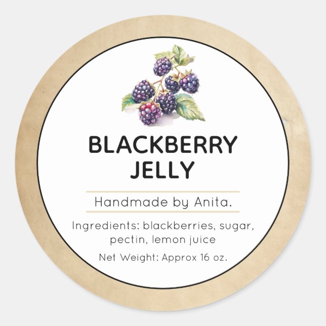 BlackBerry Jam oder Jelly Canning Jar Label Runder Aufkleber (Vorderseite)