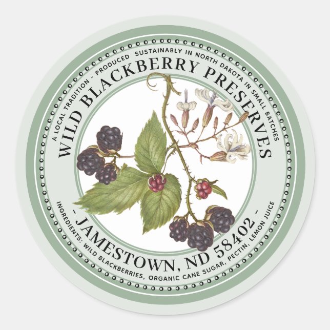 BlackBerry Preserve Label Jam 1930 Grün Runder Aufkleber (Vorderseite)