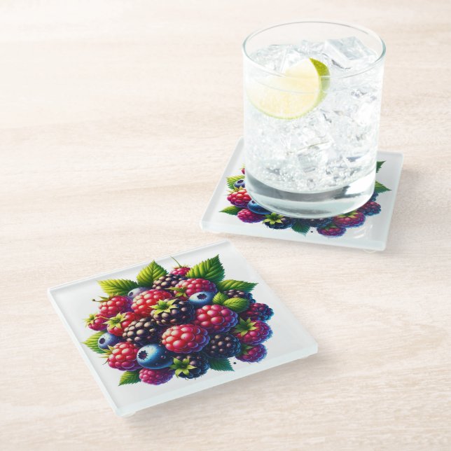 BlackBerry, RASPBERRIEN UND SCHULE Glasuntersetzer (Schrägansicht)