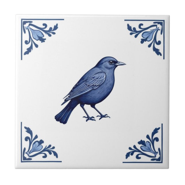 Blackbird Delft Blue und White Floral Corners Bird Fliese (Vorderseite)