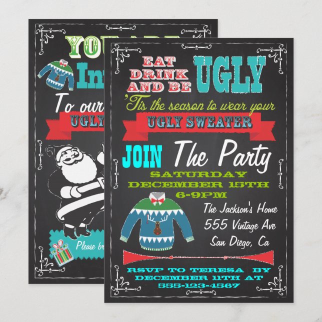 Blackboard Ugly Sweater Weihnachts-Party lädt ein Einladung (Vorne/Hinten)