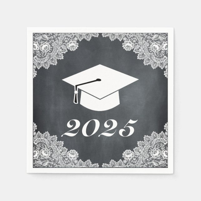 Blackboard & White Lace Abschluss Hut Cap Napkins Serviette (Vorderseite)
