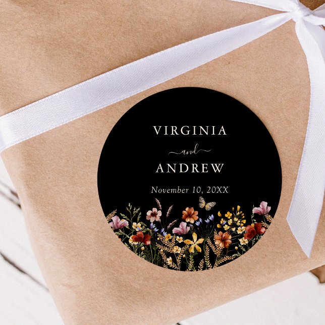 BlackBoho Wildblume Wedding Classic Round Sticker (Black Boho Wildflower Wedding Classic Round Sticker by Painted Paperie
)