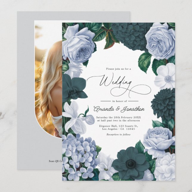 Blackened Teal, Mist Blue & Pearl White Wedding Einladung (Vorne/Hinten)