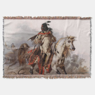 Blackfoot Inder auf dem arabischen Pferd, das Decke
