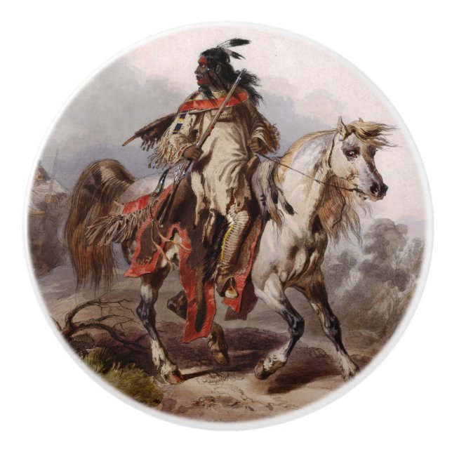 Blackfoot Inder auf dem arabischen Pferd, das Keramikknauf (Vorderseite)