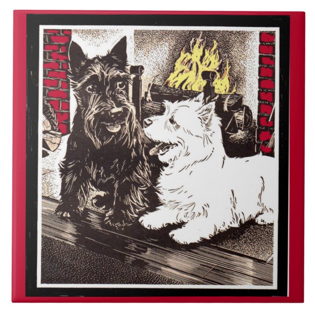 Blackie und Whitie am Feuer Fliese (Vorderseite)