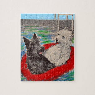 Blackie und Whitie auf einem Floß