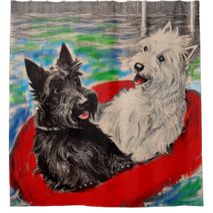 Blackie und Whitie auf einem Floß Duschvorhang