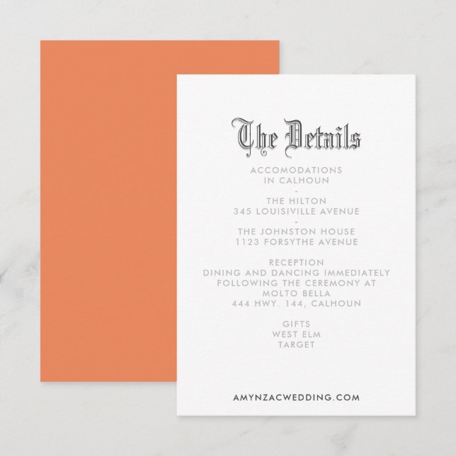Blackletter Wedding Details Enclosure Card RSVP Karte (Vorne/Hinten)