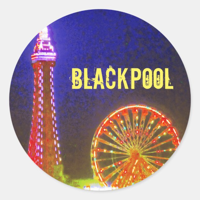 Blackpool Beach Lights bei Nacht, Red, Gold, Blue Runder Aufkleber (Vorderseite)