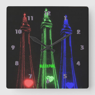 Blackpool Beautiful Tower Lights, rot, grün,  Quadratische Wanduhr