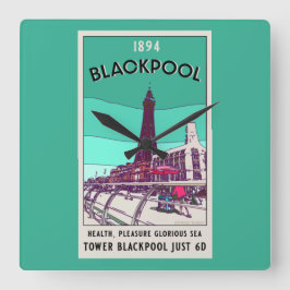 Blackpool Seaside Resort England Vintag Art Quadratische Wanduhr