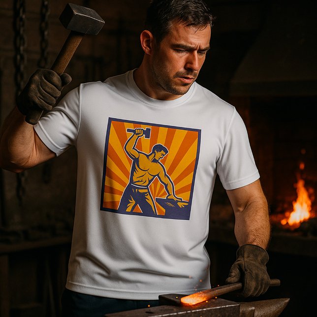 Blacksmith Hammering Retro Strongman Labour T-Shirt (Von Creator hochgeladen)