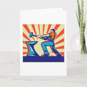Blacksmith worker with hammer and anvil retro styl karte