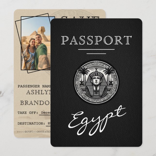 Blacl Egypt Passport Wedding Save the Date (Devant / Derrière)
