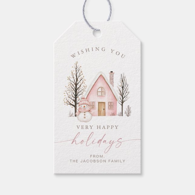 BLAIR Niedlich Pink House Snowman Happy Holidays Geschenkanhänger (Vorderseite)
