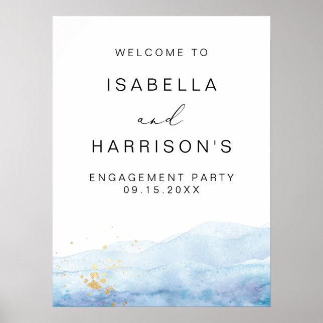 BLAKELY Blue Watercolor Engagement Party Willkomme Poster (Vorne)