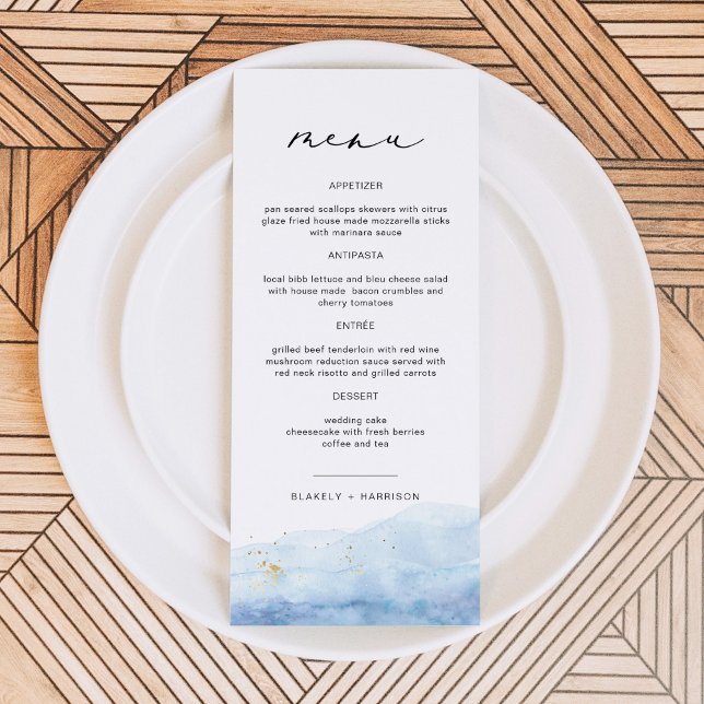 BLAKELY Dusty Blue Watercolor Beach Wedding Menu Menükarte (Von Creator hochgeladen)