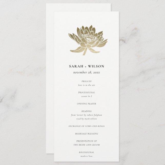 Blale Gold White Lotus Floral Wedding Program Einladung (Vorne/Hinten)