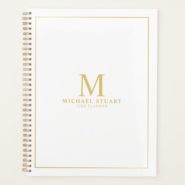 Blanc avec Monogramme et nom personnalisés Gold (Devant)