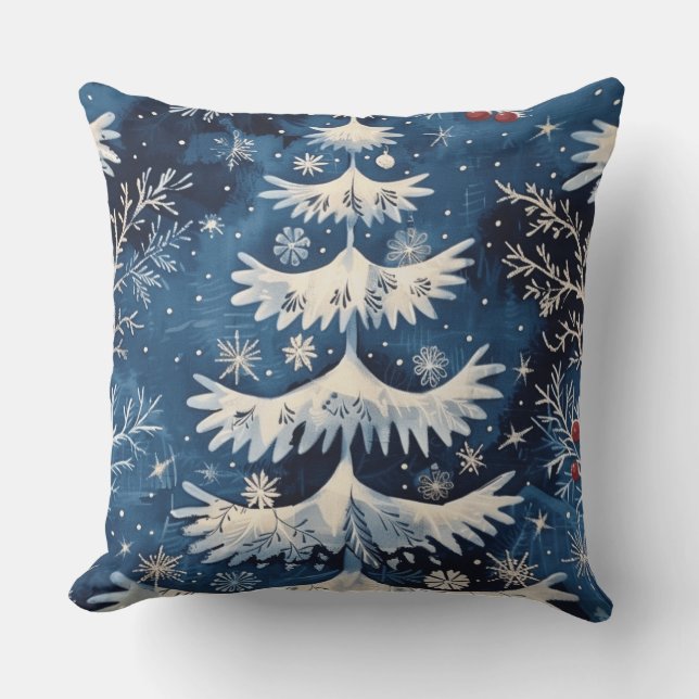Blanc Bleu Arbre de Noël Vacances Oreiller (Recto)
