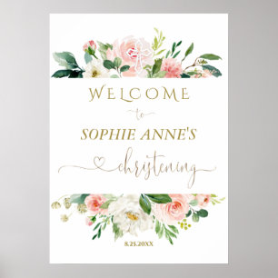 Blanc Blush Floral Gold Christening Affiche de bie