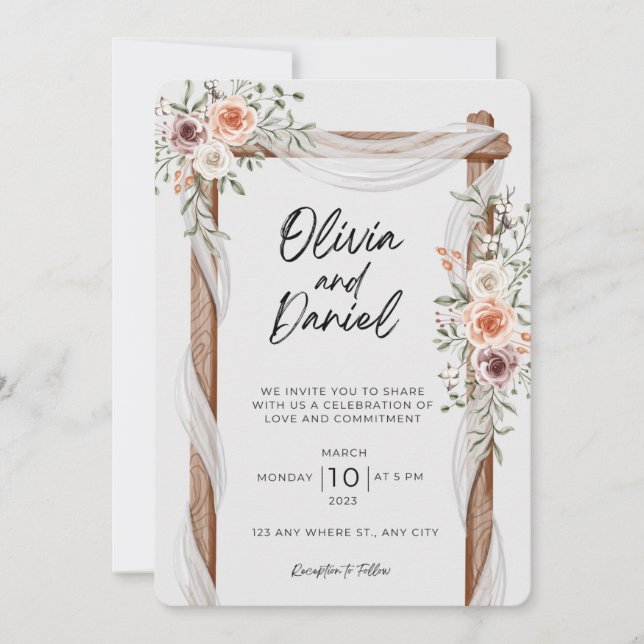 Blanc Brown Rustique Floral Faire-part de mariage  (Devant)