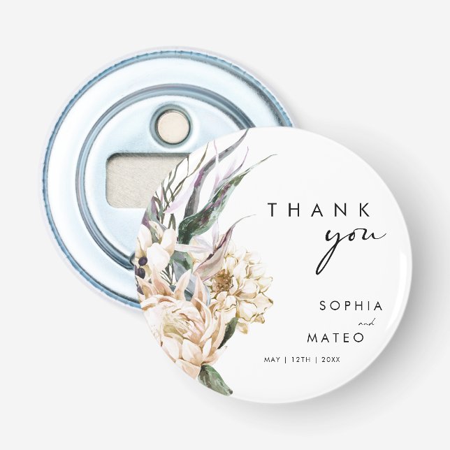Blanc Floral | Décapsuleur bouton pour mariage (Devant)
