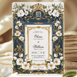 Blanc Floral Marine Bleu & Or Faire-part de mariag