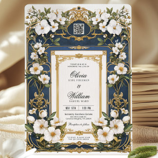 Blanc Floral Marine Bleu & Or Faire-part de mariag