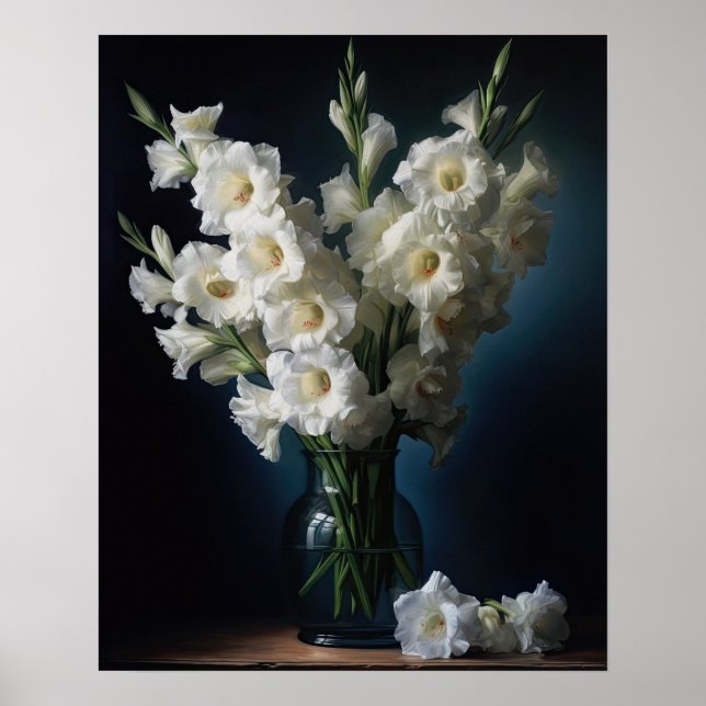 Blanc Gladiolus Fleurs Art Imprimer Poster (Devant)