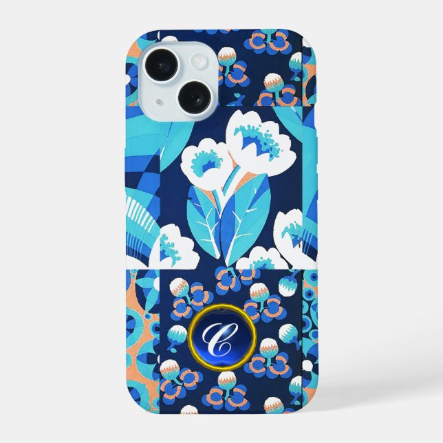 BLANC HAWAI BLEU FLEURS FLORAL GRAS GEM MONOGRAMME (Verso)