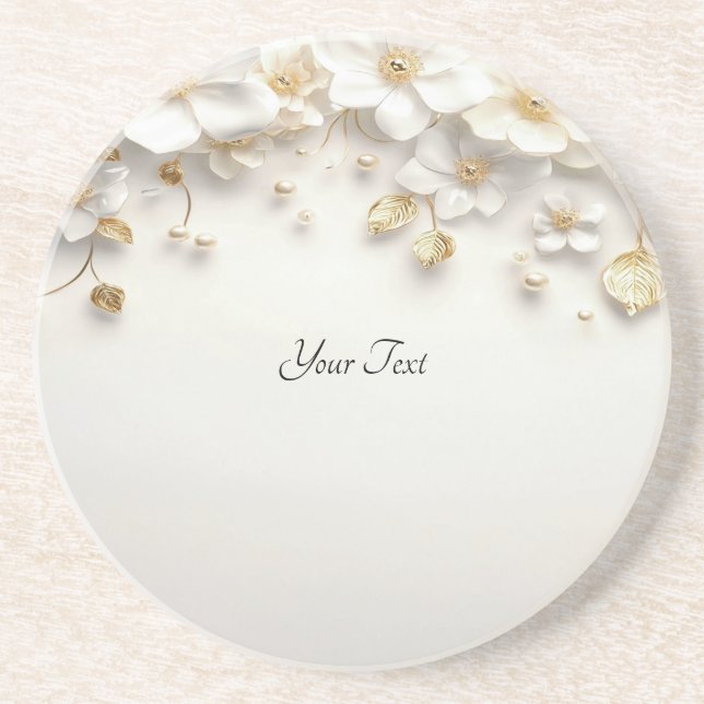 Blanc ivoire Floral Feuilles Dessous de verre de g (Devant)