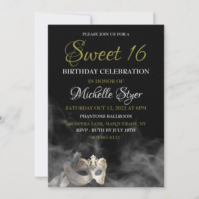 Blanc Masquerade Sweet 16 Invitation (Devant)