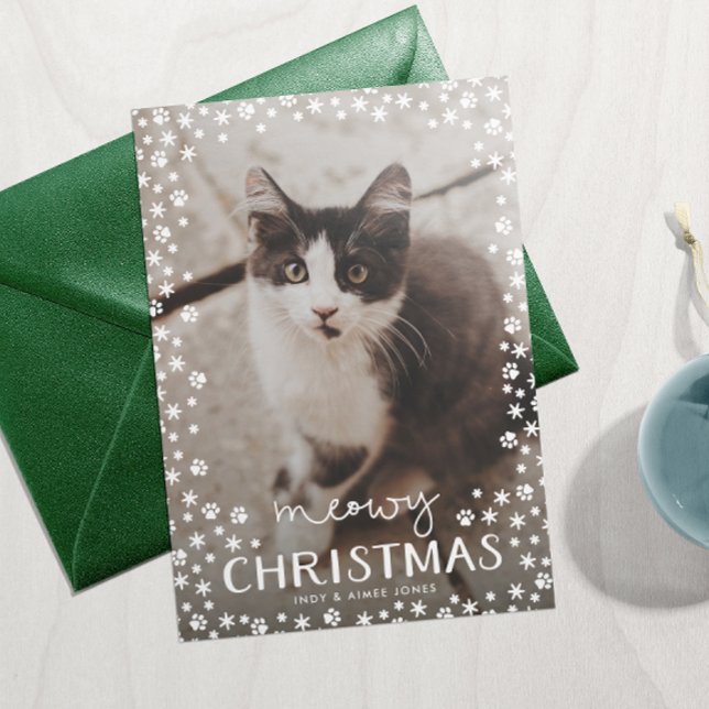 Blanc Meowy Noël Pet Aimer Carte photo de vacances (Créateur téléchargé)