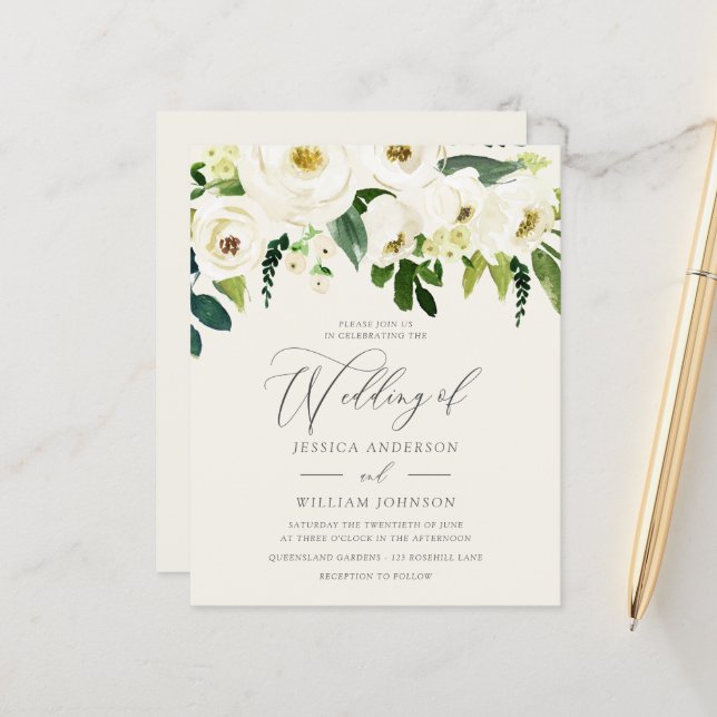 Blanc Roses Feuille verte sur un Mariage budgétair (Devant/Arrière en situation)