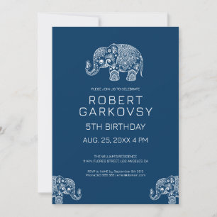 Blanc sur Blue Floral Elephant Invitation