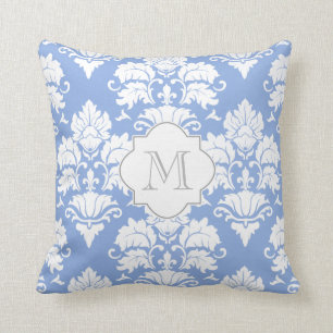 Blanc & Wedgewood Blue Damask Coussin monogramme