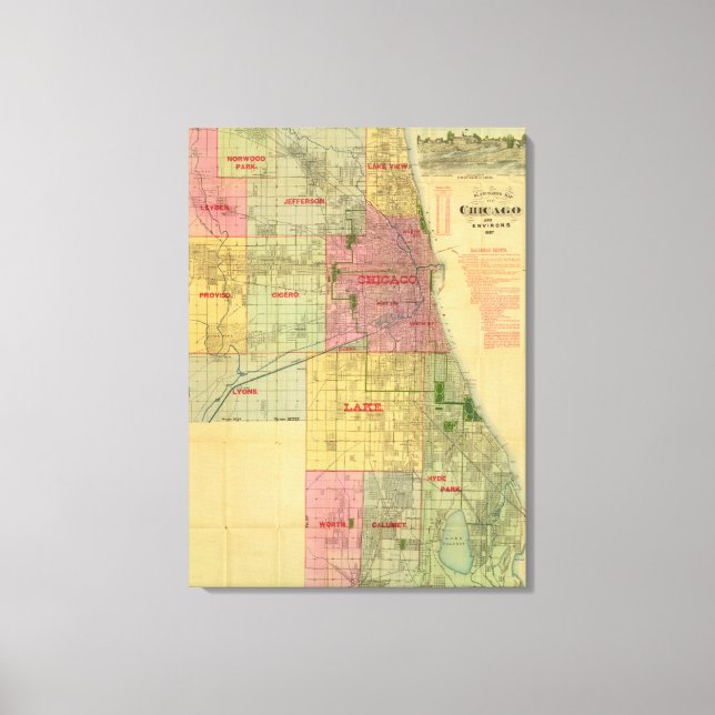 Blanchards Karte von Chicago und Umgebung Leinwanddruck (Vorderseite)
