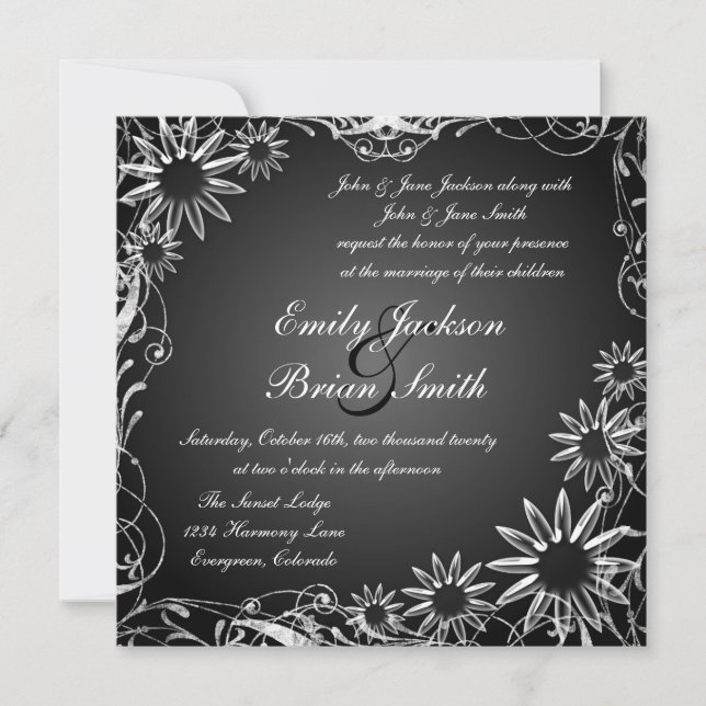 Blancs noir fade fleur invitation de mariage (Devant)