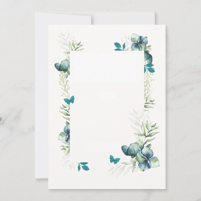 Blank Card - blaues grünes Blumenmotiv und Schmett Einladung (Vorderseite)